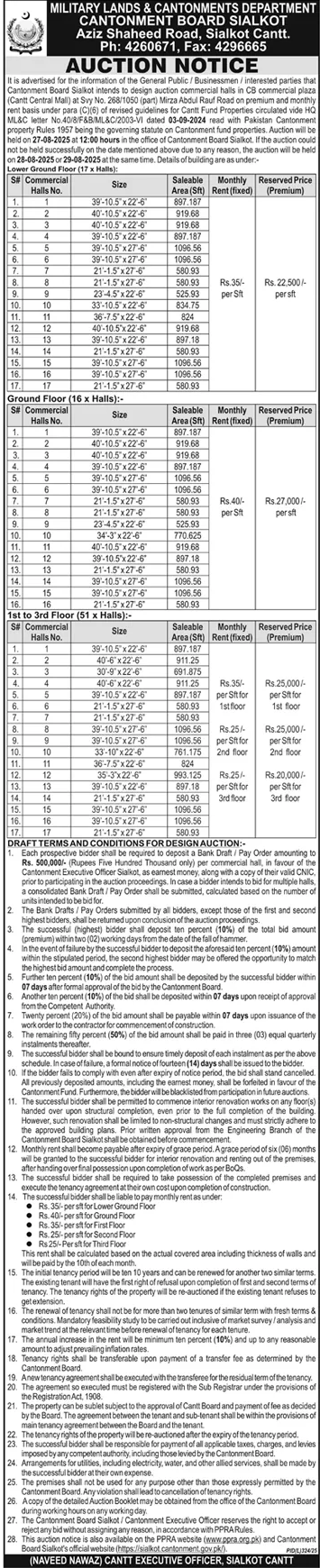 Military Lands & Cantonment Department Sialkot Tender Notice